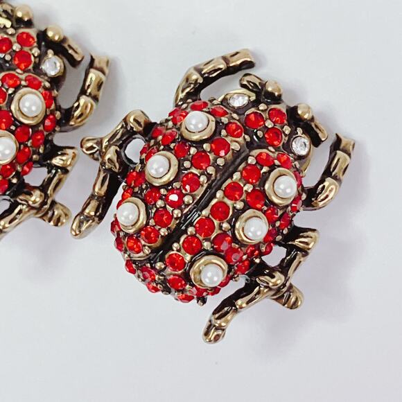 Signed Heidi Daus Ladybug Clip On Earrings Red White Rhinestone Vintage Whimsy - Picture 4 of 10